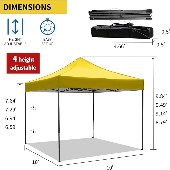 10x10 Heavy Duty Canopy Pop Up Commercial Canopy Tent, Vendor Tent with 400D Oxford Fabric for Camping Outdoor Events Parties Weddings, UPF 50+ Waterproof (Yellow)