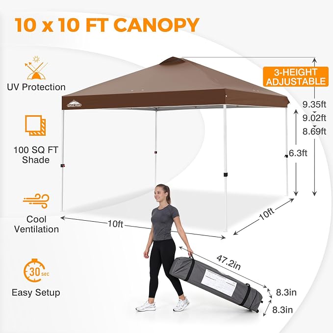 EAGLE PEAK Pop Up Canopy Tent with Wheeled Carry Bag, 8 Stakes, 4 Ropes, 4 Weight Bags, Easy Set Up Tent Canopy, 10x10 ft, 100sqft of Shade, Dark Brown