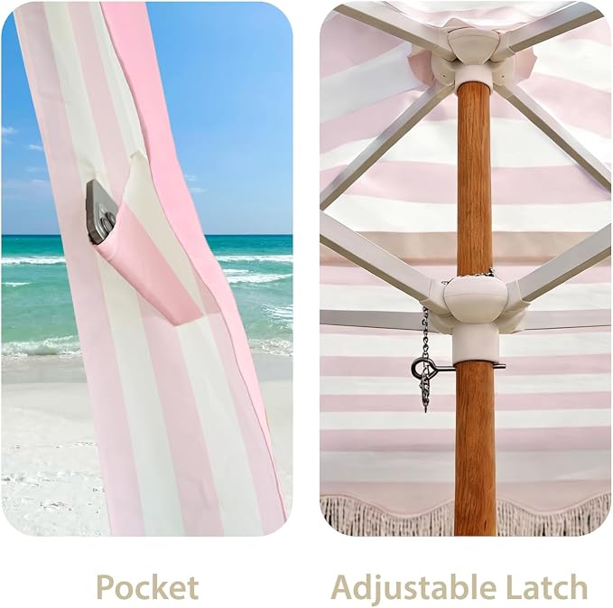 AMMSUN Beach Cabana with Fringe, 7' x 7' Boho Beach Canopy with Tassels, Easy Set up & Premium Wood Pole, Cabana Tent with Sand Pockets, Instant Sun Shade for Sand, Garden, Patio, Rose Stripes