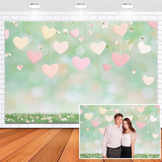 9x6ft Vinyl Green Valentines Backdrop Light Green Grass Hearts Photo Background Bridal Engagement Valentines Backdrop for Photography Party Decorations