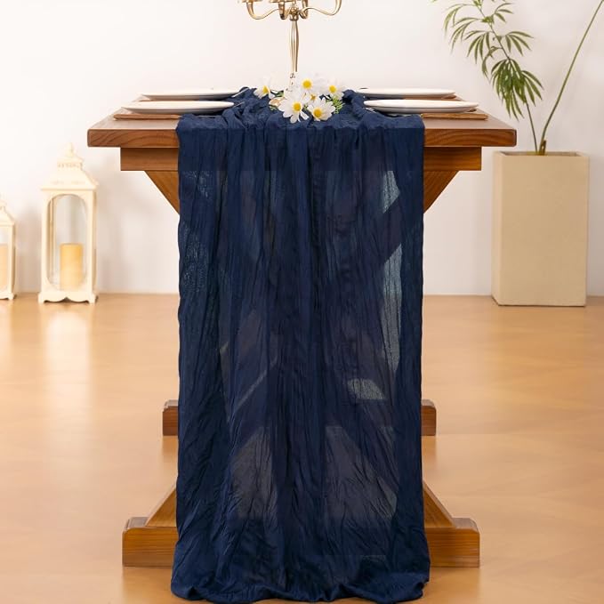 Socomi 2pcs Navy Blue Summer Cheesecloth Table Runner Boho Rustic Gauze 120 inch 10FT Cheese Cloth Sheer Runner for Wedding Party Baby Shower Birthday Home Decor Holiday Decorations