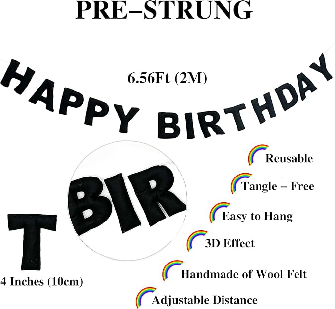 Meygajoe Pre-Strung Felt Happy Birthday Banner,Reusable HAPPY BIRTHDAY Garland,Birthday Banner Decorations,Personalized Happy Birthday Sign for Birthday Decor,Party Decor,Photo Prop (Black) M-123