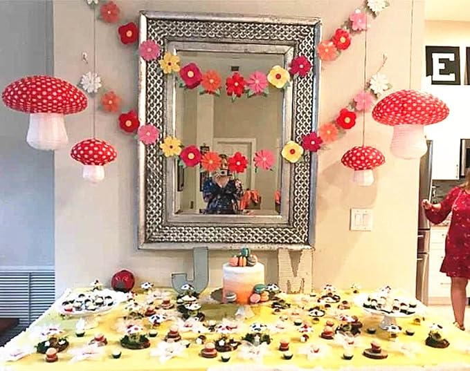 Folding Mushroom Paper Lantern Reusable Hanging Ornament Lamp Cover for Forest Garden Wonderland Theme Birthday Party Decoration Supplies (8 and 12 inches;8pcs)