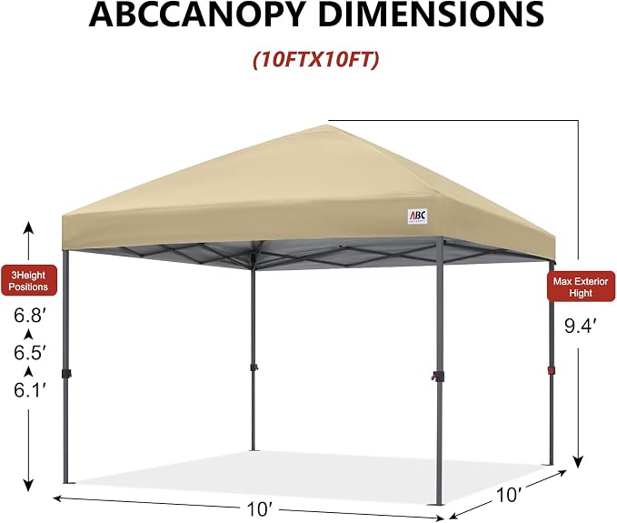 ABCCANOPY 10x10 Pop Up Canopy Tent, Easy Setup Instant Shelter with Wheeled Bag, Heavy Duty Outdoor Canopy for Beach, Market, Backyard, UV Protection, Outdoor Weather Protection (Beige, 10x10)
