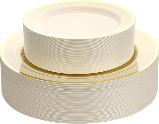 Goodluck 120 PCS Ivory and Gold Plastic Plates, Heavy Duty Disposable Ivory Plates with 60 10.25 inch Dinner Plates and 60 7.5 inch Dessert Plates for Party, Holiday, Wedding