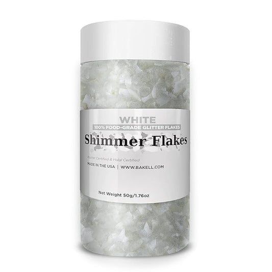 BAKELL Edible Glitter Flakes | Vegan White Edible Shimmer Flakes | KOSHER Certified | Halal Certified | 100% Edible & Food Grade | Cakes, Cupcakes, Decoration (White, 50g)