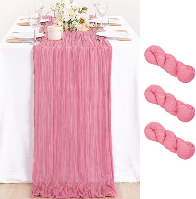 MLMC 3 Pack Mauve Pink Table Runner 10ft Sheer Gauze Spring Cheesecloth Table Runner Bulk Rustic Cheese Cloth Decor 35x120 Inches for Boho Wedding Bridal Baby Shower Birthday Party Decor