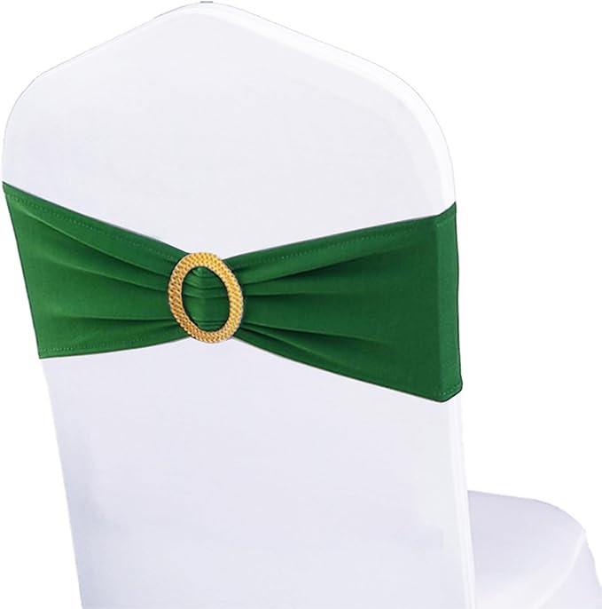 Pack of 50 Spandex Green Chair Sashes with Gold Buckles, Stretch Chair Sashes for Wedding Party Baby Shower Ceremony Event Decorations Chair Bands Bows (Green Sashes, Gold Buckles)