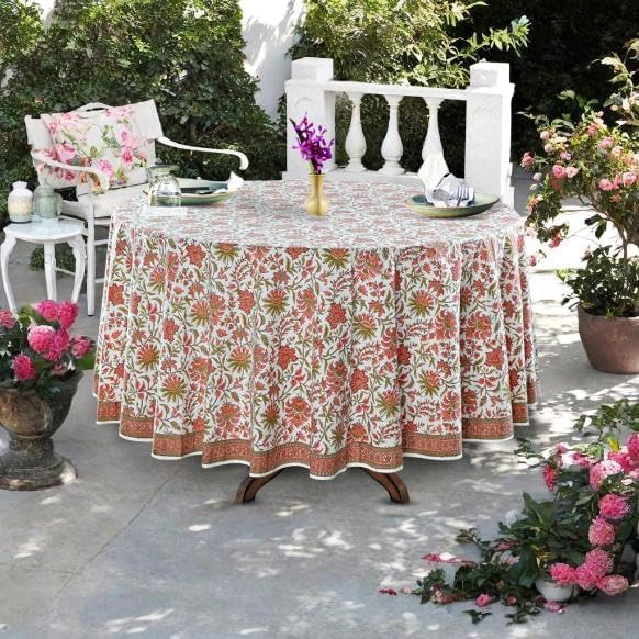 Ridhi Round Tablecloth Hand Block Print 100% Cotton Reusable New York Pink 132 Inch Table Cover Decorative Everyday Use for Dining, Home, Party, Wedding, Farmhouse, Party Gift for Spring, Mother's Day