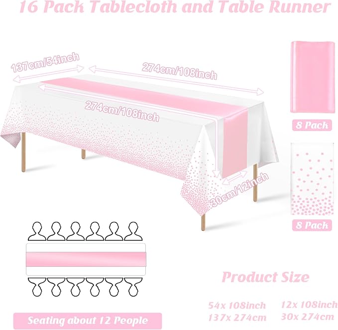 16Pack Disposable Plastic Tablecloths and Satin Table Runner Set White and Pink Dot Table Cloth Gold for Graduation Wedding Engagement Birthday Baby Shower Anniversary Holiday Party Decorations