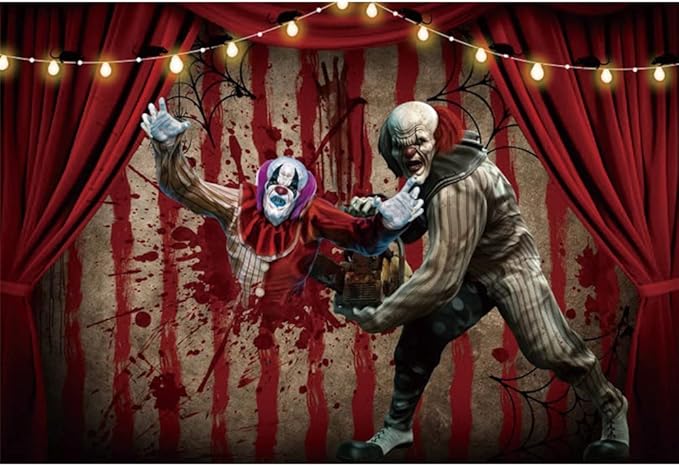 OERJU 7x5ft Halloween Evil Clown Backdrop Horror Scary Bloody Circus Carnival Photography Background Hallowmas Trick or Treat Birthday Party Banner Decoration Photo Booth Props