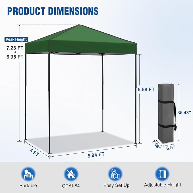 6x4 Pop Up Canopy Tent, Instant Portable Beach Canopy, Outdoor Tent with Carry Bag for Camping, Sports, Tailgating, Events, Green