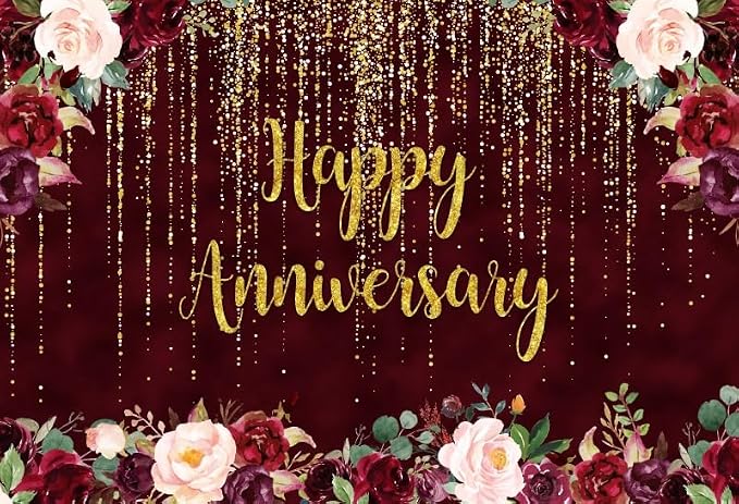 7x5ft Happy Anniversary Backdrop, Gold Glitter Burgundy Wedding Anniversary Photography Background 1st 40th 50th 63th Couple Wedding Women Birthday Floral Party Decorations Cake Table Decor