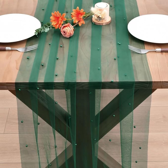Dark Green Pearl Table Runner Boho Rustic Tulle Lace Dining Baby Shower Wedding Arch Decor Veil Dessert Holiday Centerpiece Table Decor