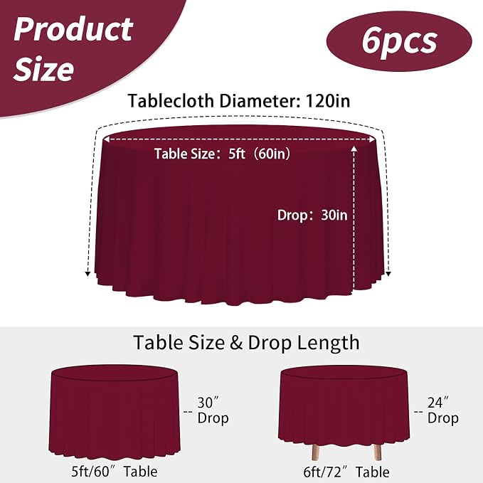 Fixwal 6 Pack Burgundy 120 Inch Round Tablecloths, Reusable Heavy Duty Washable Polyester Table Covers, Stain and Wrinkle Resistant for Wedding, Party, Thanksgiving, Formal Events, Outdoor