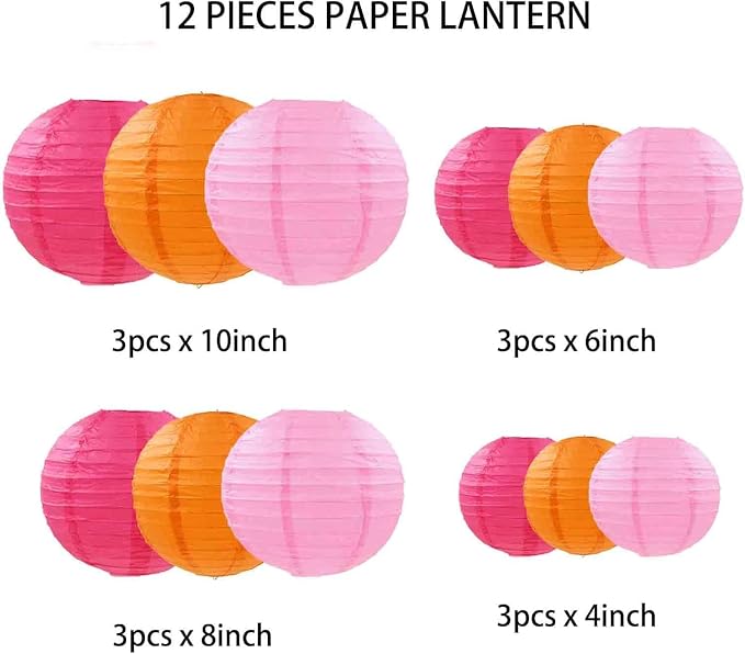 CC wonderland zone 12pcs Hot Pink and Orange Paper Lanterns - Round Ceiling Hanging Paper Lampshades,for Birthday, Baby Shower, Wedding, Party Decorations (4", 6", 8", 10")