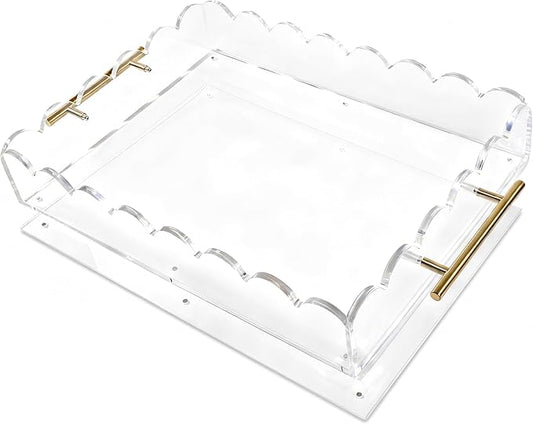 Acrylic Scalloped Tray 16'' X 12'' Clear Acrylic Serving Tray with Magnetic Mat and Golden Handles for Customizable Picture, Art, Decorative Storage Organizer with Spill-Proof Design
