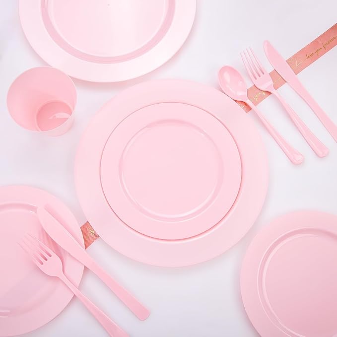 KIRE 150 Pieces Pink Plastic Plates Disposable - Pink Dinnerware Set Include 25 Dinner & 25 Salad Plates 25 Forks 25 Knives 25 Spoons 25 Cups for Baby Shower/Bridal Shower/Mother's Day