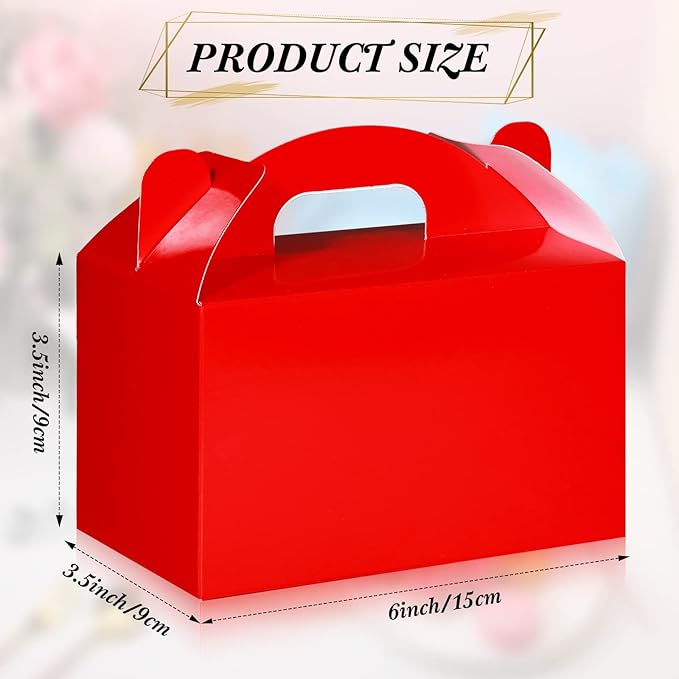 36 Pcs Party Favor Treat Boxes, Goodie Candy Gable Paper Gift Boxes with Handles for Birthday Wedding Shower Christmas Party Supplies, 6 x 3.5 x 3.5 Inches(Red)