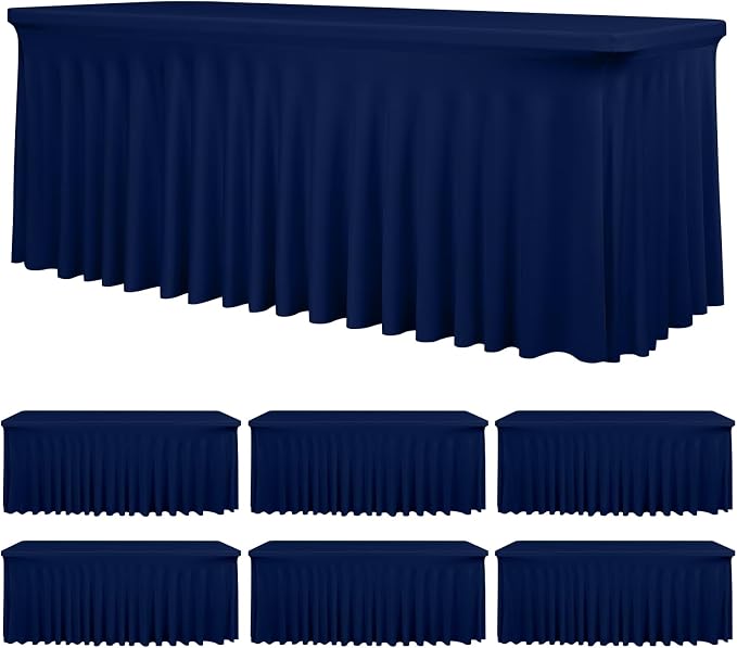 fani 6 Packs Navy Blue Stretch Table Skirts for 6 Foot Rectangle Table, Washable Spandex Stretch Tablecloths with Skirt, Wrinkle Resistant Fitted Tablecover for Wedding Party Banquet