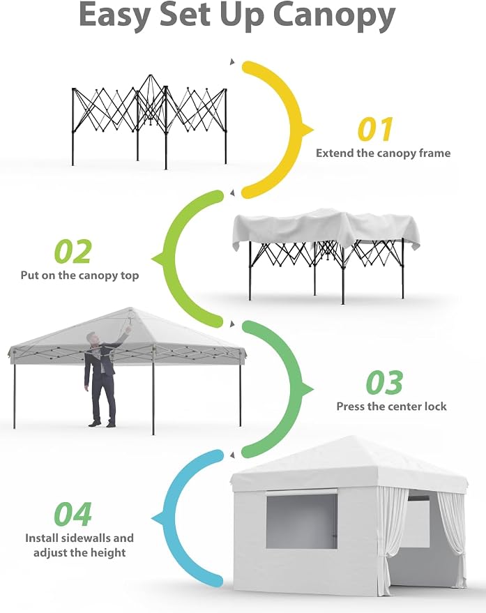 GarveeLife 10 ft x10 ft Pop Up Canopy Tent with 4Pcs Sidewalls, Portable Instant Commercial Canopy with 4 Stakes, 4 Ropes, 4 Sandbags for Farmers' Market, Patio, Outdoor, Camping, White