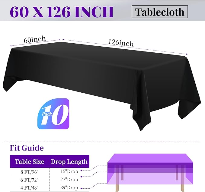 fani 10 Pack 60 x 126 Inch Tablecloth, Black Polyester Tablecloth for 8 Ft Rectangle Tables, Stain and Wrinkle Resistant Washable Fabric Table Cover for Wedding Party Dining Buffet Parties or Camping
