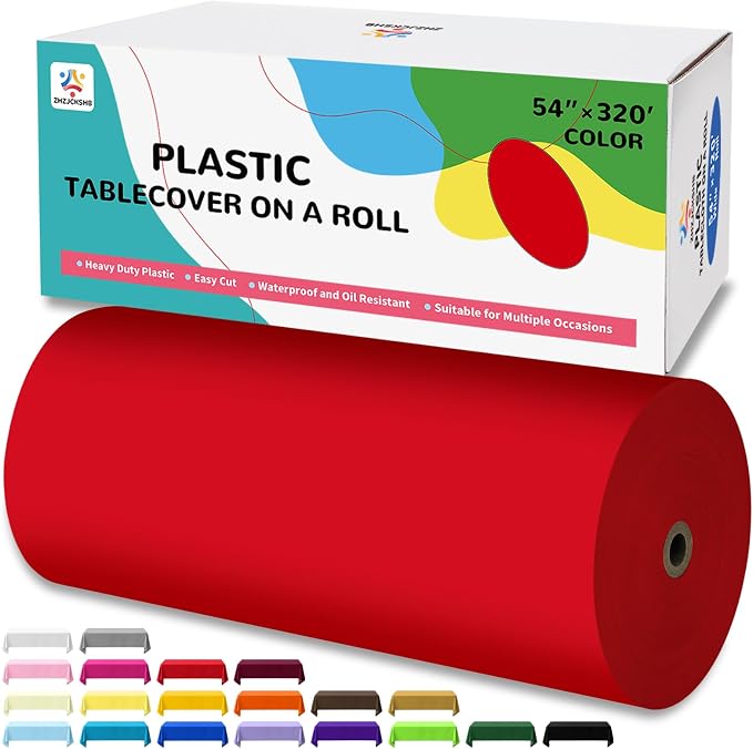 54IN X 320FT Plastic Table Cover Roll with Cutter Box, Cut to Size Plastic Table Cloths for Parties, Birthday, Disposable Tablecloth Roll for All Shape Tables (Red, 54 Inch X 320 Feet)