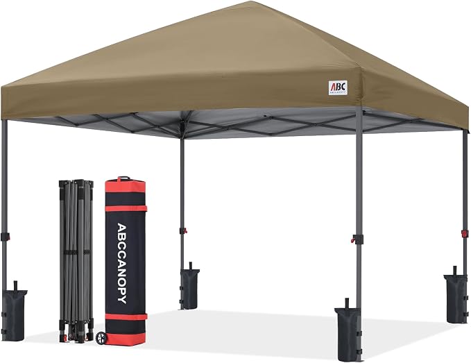 ABCCANOPY 10x10 Pop Up Canopy Tent, Easy Setup Instant Shelter with Wheeled Bag, Heavy Duty Outdoor Canopy for Beach, Market, Backyard, UV Protection, Outdoor Weather Protection (Khaki, 10x10)