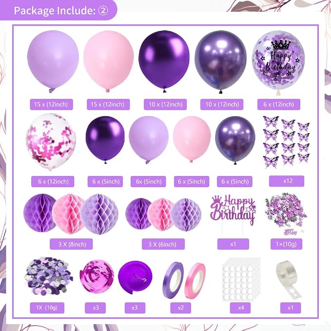 Purple Birthday Decorations, Purple Pink Party Decorations with Happy Birthday Banner, Balloons, Bday Sash, Crown, Butterfly, Tablecloth, Fringe Curtain, Honeycomb Ball for Women Girls Party Supplies