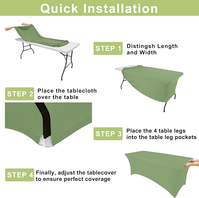 Moosfor Spandex Elastic Fitted 8FT Rectangle Tablecloth 6 Pack, Stretch Washable Reusable Table Cover for Outdoor Picnic, Dining, Wedding, Banquet & Party Events (Sage Green, 96Lx30Wx30H Inch)