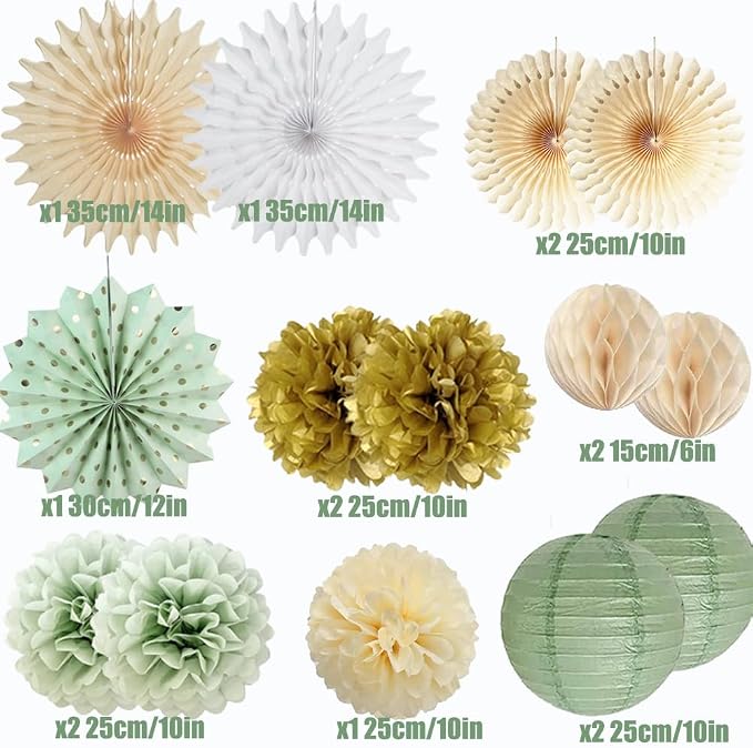 Sage Green Party Decorations Sage Green and Gold Party Decorations Paper Pom Poms Paper Fans Lanterns for Birthday Baby Shower Wedding Bridal Shower Party Decor