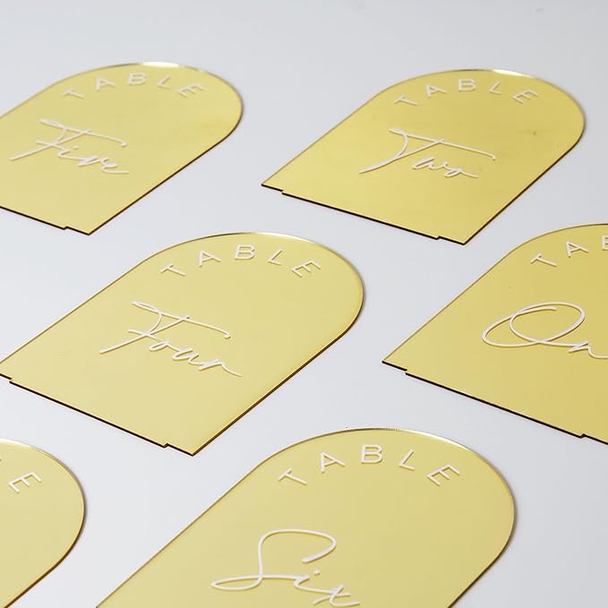 Gold Mirror Arch Wedding Table Numbers 1-20 with Stands, 5x7 Inch Acrylic Arch Sign with Holder, Gold Arch Acrylic Table Numbers for Wedding Reception(1-20, 5"x7")