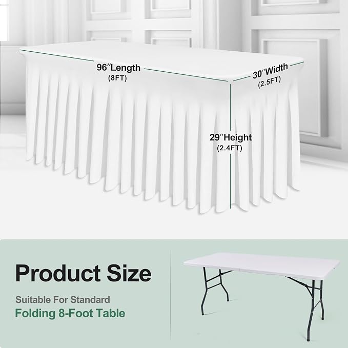 BDDC One-Piece Spandex Table Cover Skirt for 8FT Rectangle Tables | GRS-Certified Eco-Friendly Fabric, Elastic Fitted Ruffle Tablecloth, Washable, For Banquets, Weddings & Parties