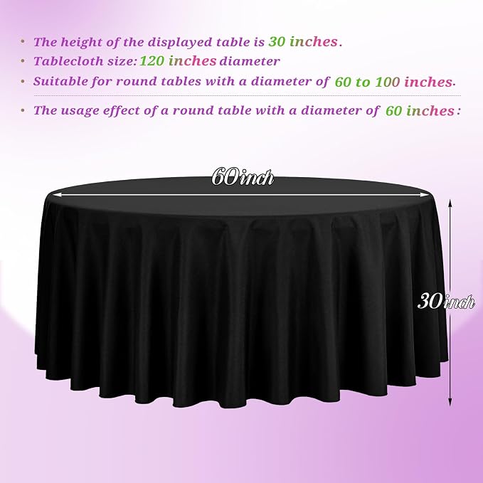 Teruntrue 12 Packs Black Round Tablecloths 120 inch Round Table Cloth, Washable Polyester Fabric for Wedding Parties Banquet Holiday Dinner Table Decorative, Black