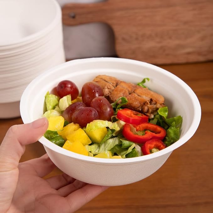 supernal 200Pcs Compostable Disposable Paper Bowls Combo Set for Catering | Heavy duty bagasse sugarcane bowls include 100pcs 16oz and 100pcs 30oz. Biodegradable, leakproof soup bowls for party.