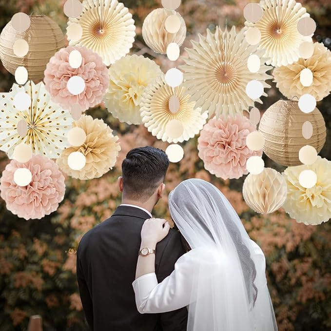 Dusty Pink Boho Party Decorations Pink and Beige Birthday Baby Shower Decorations Paper Fans Paper Pom Poms Lanterns for Women Girl Rustic Bachelorette Wedding Decor