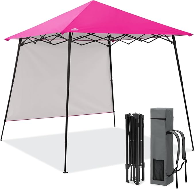 EAGLE PEAK 8x8 Pop Up Canopy Tent with Extended Eaves & Sidewall, Compact, Portable, Easy Setup Slant Leg Instant Shelter for Beach, Sports, & Camping, 8x8 Base 7x7 Top, Pink