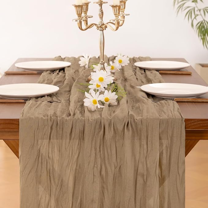 Socomi 15pcs Nude Brown Cheesecloth Table Runner Summer Boho Rustic Gauze 120 inch 10FT Cheese Cloth Sheer Runner for Wedding Party Baby Shower Birthday Home Decor Holiday Decorations