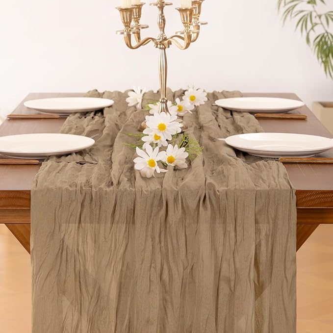 Socomi 6pcs Nude Brown Cheesecloth Table Runner Summer Boho Rustic Gauze 120 inch 10FT Cheese Cloth Sheer Runner for Wedding Party Baby Shower Birthday Home Decor Holiday Decorations