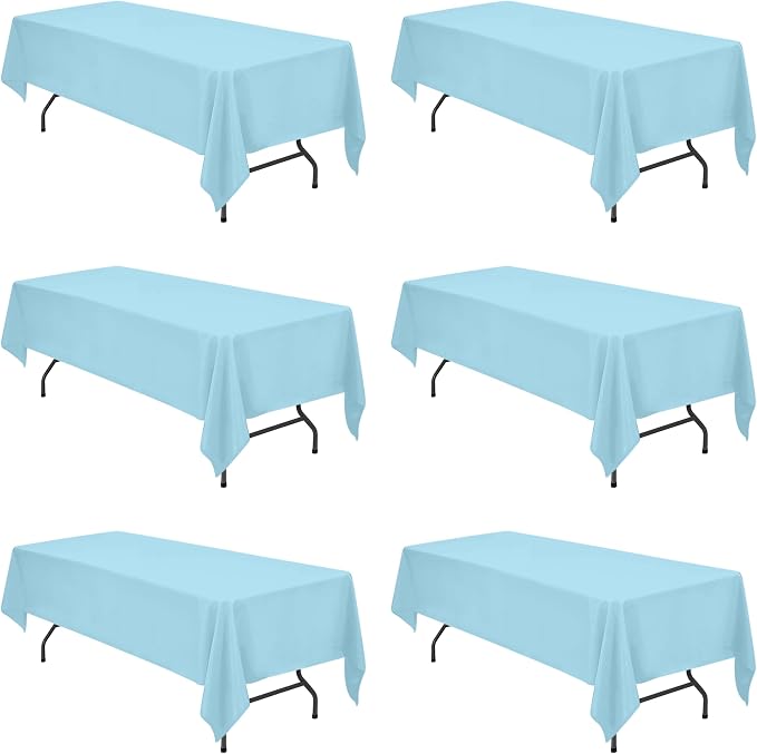 BRILLMAX 6 Pack Light Blue Tablecloths 60 x 126 Inch for 8ft Rectangle Tables - 150 GSM Polyester Fabric, 15" Standard Drop, Water, Stain & Wrinkle Resistant Cloth Cover for Wedding Dining Buffet