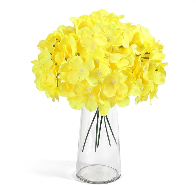 Auihiay 64pcs Hydrangea Artificial Flowers, Yellow Silk Hydrangea Heads with Stems, Hydrangea Flowers for DIY Wedding Centerpiece Baby Shower Home Party Decor (Yellow)