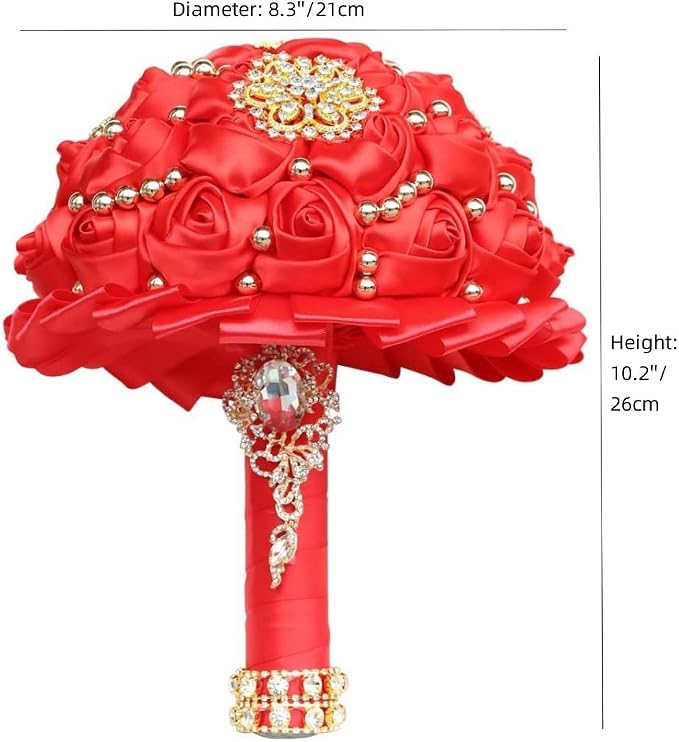 Red Bridal Wedding Bouquet Luxury Gold Rhinestone Brooch Bouquet for Bride Bridesmaid Quinceanera Satin Red Rose Artificial Flower Bouquet Wedding Red 8.3in,Bouquet3218G-Red21
