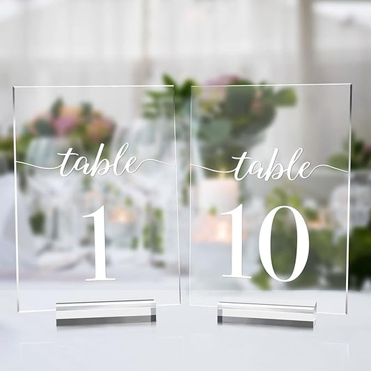 JINMURY Clear Wedding Table Numbers 1-10 with Stands- 5x7 Inch Clear Acrylic Sign Printed White Calligraphy Font, Acrylic Table Numbers with Holder for Wedding Party Reception