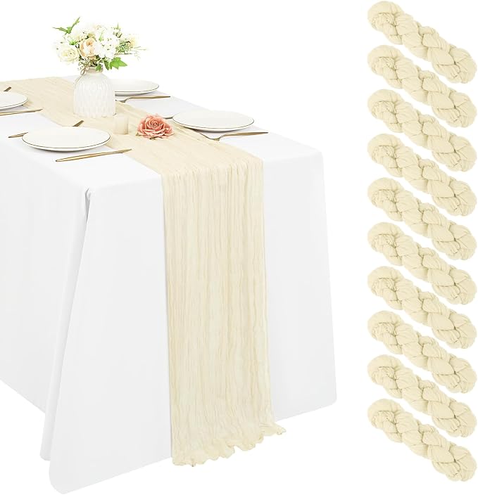 10 Pack Cheesecloth Table Runner 17 x 108 inch Long Boho Gauze Table Runners Semi Sheer Table Runner for Wedding Decor, Baby Shower, Birthday Party, Banquet (Ivory)