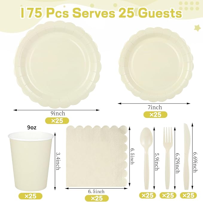 25 Set Party Plates and Cups and Napkins Ivory Scalloped Dinnerware | 175 Pcs Beige Party Supplies Include 9" Cream Plates, 7" Dessert Plates, 6.5 Inch Napkins for Wedding, Bridal&Baby Shower