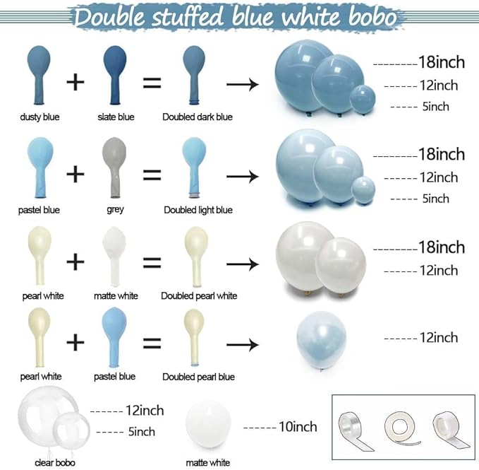 Dusty Blue and White Balloons Garland Double Stuffed Pearl Light Blue Bobo Balloon Arch Kit for Birthday Baby Shower Wedding Bridal Cinderella Frozen Winter Party Decorations