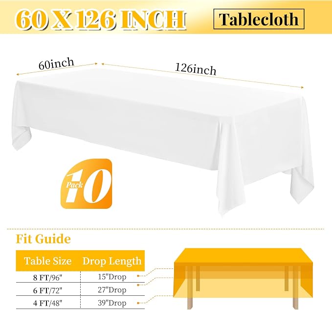 fani 10 Pack White Rectangle Tablecloth, 60 x 126 Inch Polyester Tablecloth for 8 Ft Table, Stain Resistant Washable Fabric Table Cloth Rectangular Table Cover for Wedding Party Dining Banquet