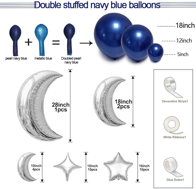 Navy Blue Balloon Garland Arch Kit Double Stuffed Royal Blue Star Moon Balloons for Birthday Baby Shower Over the Moon Prince Graduation Wedding Space Astronaut Galaxy Party Decorations