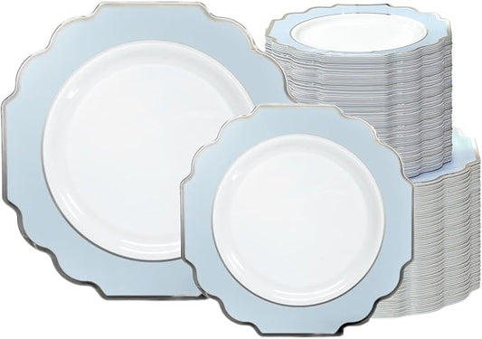 OCCASIONS 240 Heavyweight Disposable Plastic Plates (120 Guests) - Fancy Wedding Party Dinnerware, 120 Each 10.5" Dinner & 8" Dessert (Imperial in White/Blue & Silver)