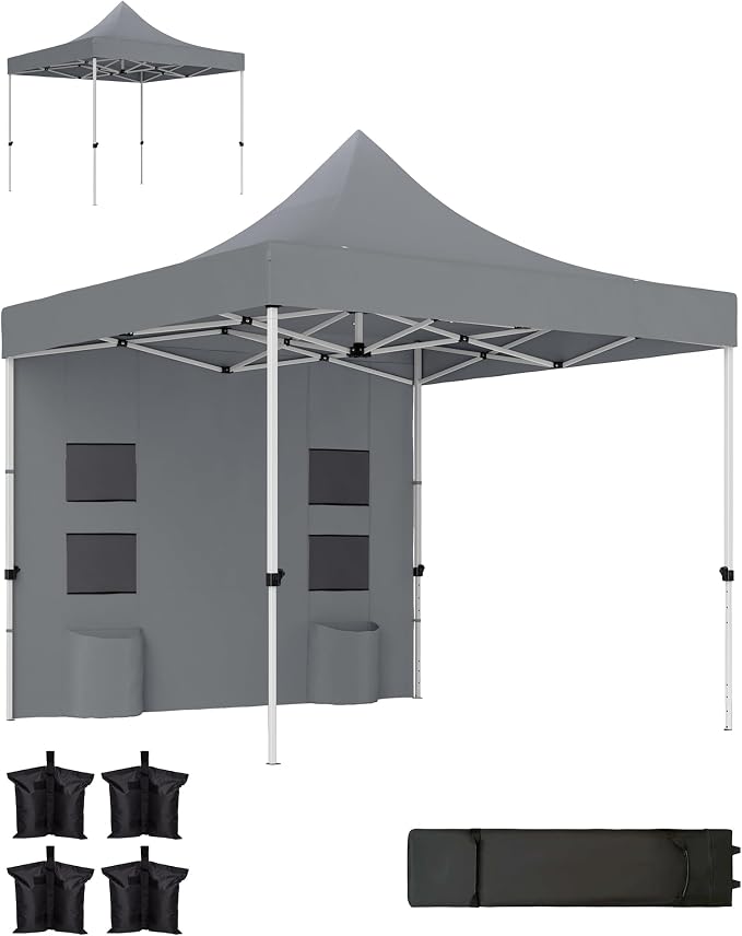 Outsunny 10' x 10' Heavy Duty Pop Up Canopy Tent with Sidewall and Trash Bags, UPF50+ Instant Sun Shelter, Height Adjustable, with Wheeled Bag, Sand Bags for Outdoor, Patio, Gray